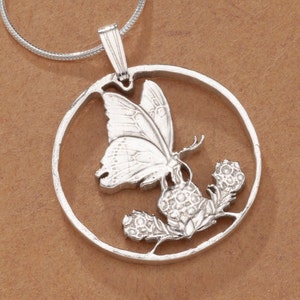 Sterling Silver Butterfly Pendant, Mauritius hand cut coin, 1" in Diameter, ( #K 379S )