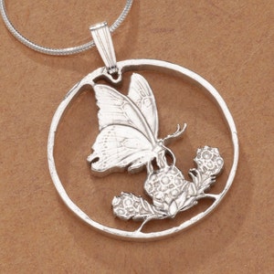 Sterling Silver Butterfly Pendant, Mauritius hand cut coin, 1 in Diameter, K 379S image 1