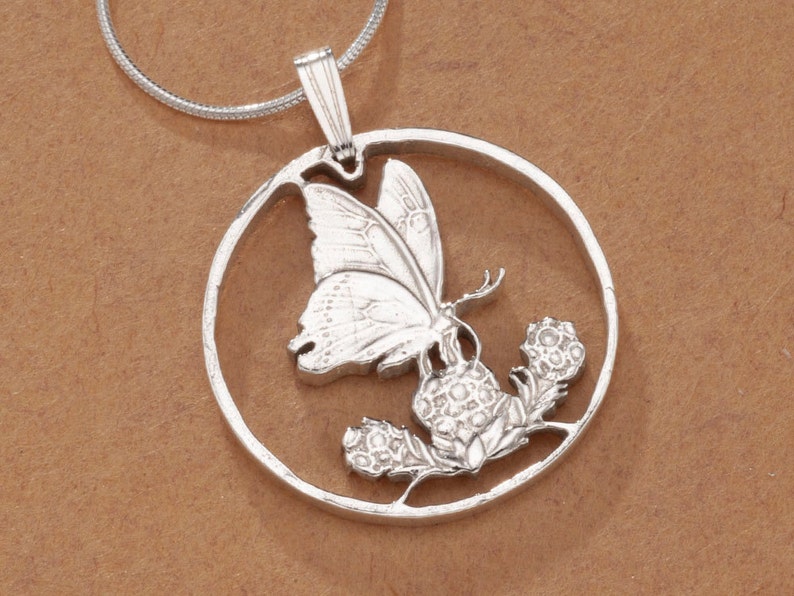 Sterling Silver Butterfly Pendant, Mauritius hand cut coin, 1 in Diameter, K 379S image 1