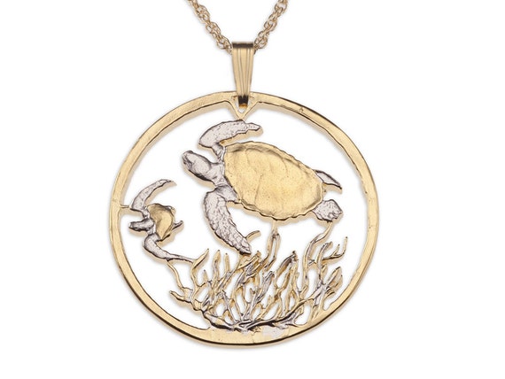 Costa Rican Turtle Coin Pendant: 14K Gold Rhodium Plated