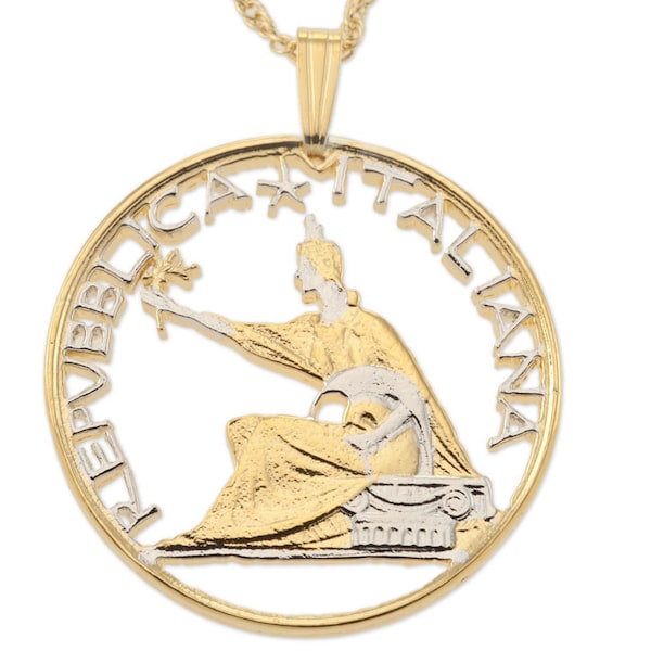 Italian Coin Pendant and Necklace, Italy 1961 500 Lira Coin Hand Cut, 14 Karat Gold and Rhodium Plated, 1 1/8" in Diameter, ( #R 843 )