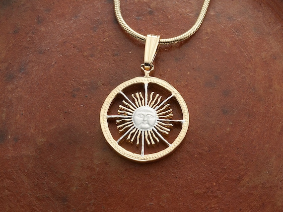 Hand Cut Argentina Coin Pendant: 14K Gold Sun Face Necklace