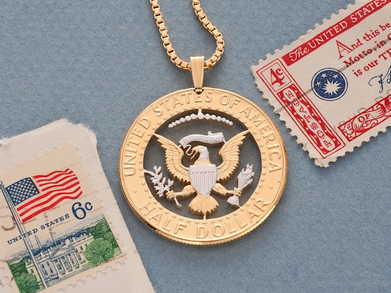 14k and Rhodium Plated Kennedy Half Dollar Hand Cut American Eagle Pendant