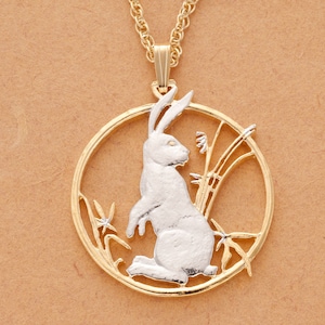 Rabbit Pendant & necklace, Year of the Rabbit Chinese Coin Hand Cut, Plated in 14 Karat Gold and Rhodium, 1 1/4" in Diameter, ( #R 557 )