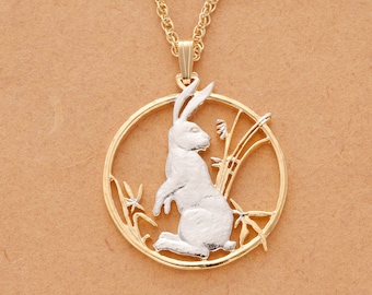 Rabbit Pendant & necklace, Year of the Rabbit Chinese Coin Hand Cut, Plated in 14 Karat Gold and Rhodium, 1 1/4" in Diameter, ( #R 557 )