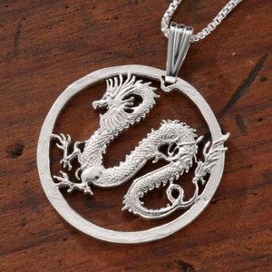 Sterling Silver Dragon Pendant, Hand Cut Somalia Five Dollar Dragon Coin, Mythical Dragon Jewelry, 1 1/4&quot; in Diameter, ( #X 708S )