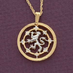 Scottish Lion Pendant and Necklace,  One Pound (Scottish Issue) Coin Hand Cut, 14 K Gold and Rhodium plated,7/8" in Diameter, ( #R 577 )