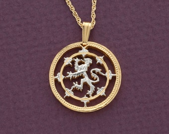 Scottish Lion Pendant and Necklace,  One Pound (Scottish Issue) Coin Hand Cut, 14 K Gold and Rhodium plated,7/8" in Diameter, ( #R 577 )