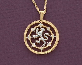 Scottish Lion Pendant and Necklace,  One Pound (Scottish Issue) Coin Hand Cut, 14 K Gold and Rhodium plated,7/8" in Diameter, ( #R 577 )