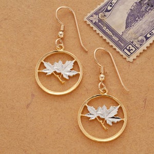 Kanadische Ahorn Blatt Ohrringe, Kanada One Cent Ahorn Blatt Münze Hand geschnitten, 14 Karat Gold und Rhodiniert, 3/4" im Durchmesser, ( # 49E )