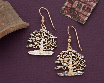 Tree Of Life Earrings, South Pacific Island of Niue Coin Hand Cut, 14 Karat Gold and Rhodium Plated, 7/8" in Diameter, ( # 646BE )