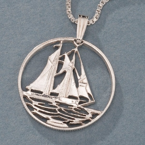Sterling Silver Sail Boat Pendant, Nautical Jewelry, Hand Cut Cayman Island 25 Cents Coin, Nautical Pendant, ( #X 59S )