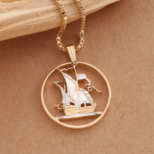 Portuguese Ship Pendant, Portugal five Escudos coin hand cut, 1&quot; in Diameter, ( #X 265 )