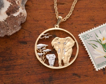 14K Gold Plated Elephant Pendant: Hand Cut Somalia Coin Jewelry