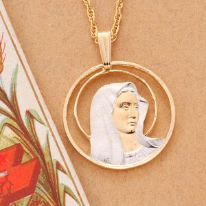 Hand Cut Blessed Virgin Medallion: 14K Gold Plated Pendant