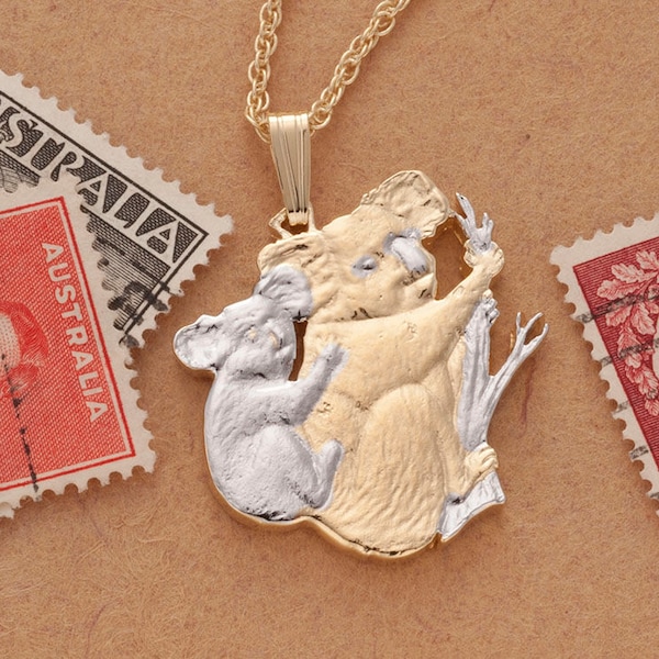 Koala et bébé Pendentif et collier, Pièces de monnaie coupées à la main, Bijoux australiens, Bijoux en pièces de monnaie, Bijoux ethniques, Bijoux de vie sauvage, ( #R 5 )