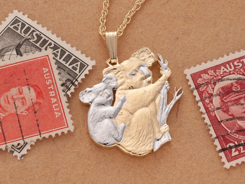 Koala and Baby Pendant and Necklace, Hand Cut Coins, Australian Coin Jewelry, Coin Jewelry, Ethnic Jewelry, Wild Life Jewelry, R 5 image 1