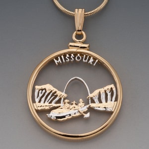 Missouri State Quarter Pendant, Hand Cut United States Missouri Quarter, 14 Karat Gold and Rhodium Plated, 1&quot; in Diameter, ( #K 2024 )