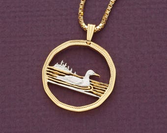 Hand Cut Canadian Loon Coin Pendant: 14K Gold Plated Necklace (X 54)