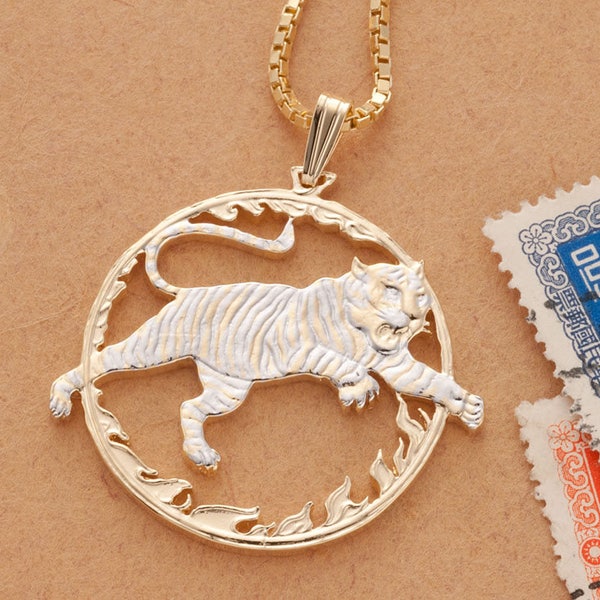 Year Of The Tiger Pendant and Necklace, Chinese Coin Hand Cut, 14 Karat Gold and Rhodium Plated, 1 1/4" in Diameter, ( # 558 )