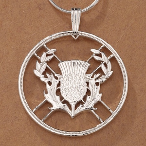 Sterling Silver Scottish Thistle Pendant, Hand Cut Scottish Two Pound Thistle Coin, Scottish Jewelry, 1&quot; in Diameter, ( #K 138S )