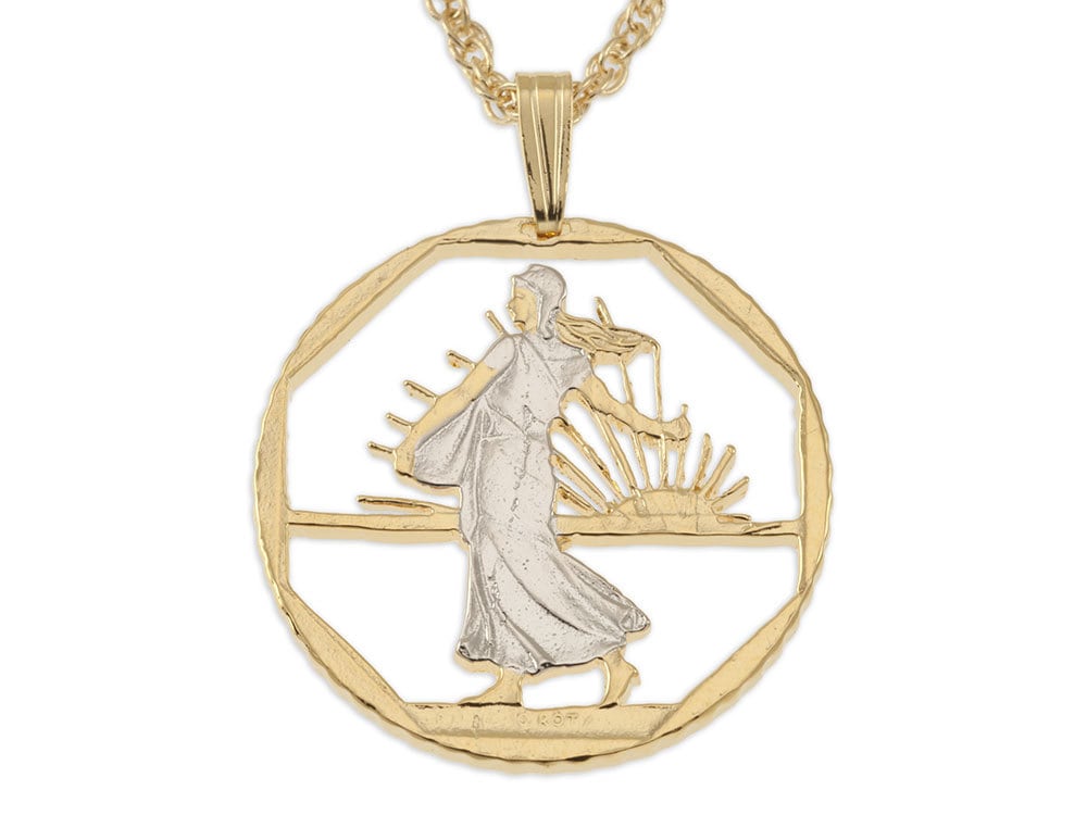 French Coin Pendant Necklace: 14K Gold & Rhodium Plated, Woman Sowing