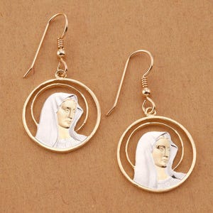 Virgin Mary Earrings, Hand cut Religious Medallions, Religious Jewelry, 7/8&quot; in diameter, ( # 527E )