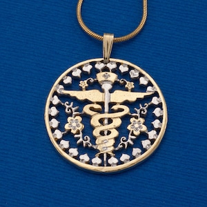 Nurses Emblem Pendant and Necklace, Nurse Medical Emblem Medallion Hand Cut, 14 Karat Gold & Rhodium Plated, 1 1/8&quot; in Diameter ( # K 761 )