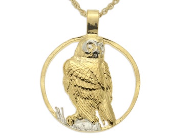 Snowy Owl Pendant and Necklace, Hand Cut Private Mint Medallion, 14 Karat Gold and Rhodium Plated, 1 1/8" in Diameter, ( #R 588 )