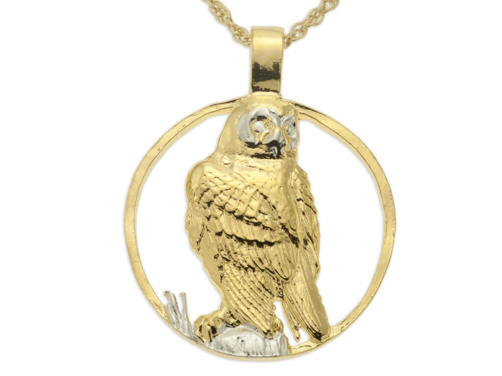 Snowy Owl Pendant and Necklace, Hand Cut Private Mint Medallion, 14 Karat Gold and Rhodium Plated, 1