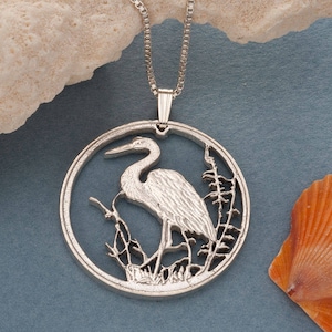 Sterling Silver Blue Heron Pendant, Russian 10 Ruple hand cut coin, 1 1/4" in Diameter, ( # 494S )