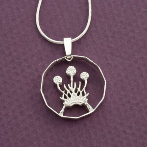 Silver Scottish Thrift Plant Pendant, Hand cut Scottish three pence Coin, Scottish Thistle Jewelry, 3/4&quot; in diameter, ( #K 136S )