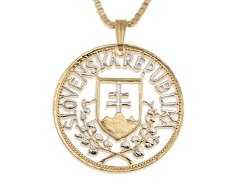 Slovakia Crest Pendant and Necklace, Slovakia 20 Korun coin Hand Cut, 14 Karat Gold and Rhodium plated, 1 1/8" in Diameter, ( #X 601 )