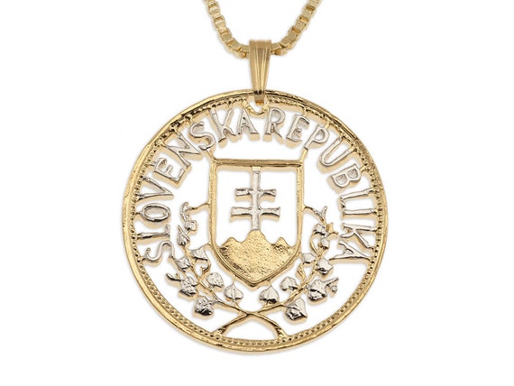 Slovakia Crest Pendant and Necklace, Slovakia 20 Korun Coin Hand Cut, 14  Karat Gold and Rhodium Plated, 1 1/8 in Diameter, X 601 
