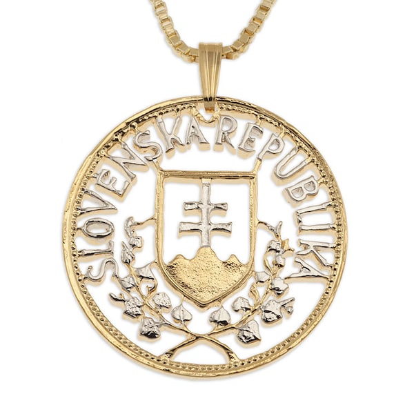 Slovakia Crest Pendant and Necklace, Slovakia 20 Korun coin Hand Cut, 14 Karat Gold and Rhodium plated, 1 1/8" in Diameter, ( #X 601 )