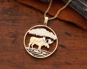 Moose Pendant & Necklace, Canada One Dollar Coin Hand Cut, 14 Karat Gold and Rhodium Plated, 1" in Diameter, ( # 419 )