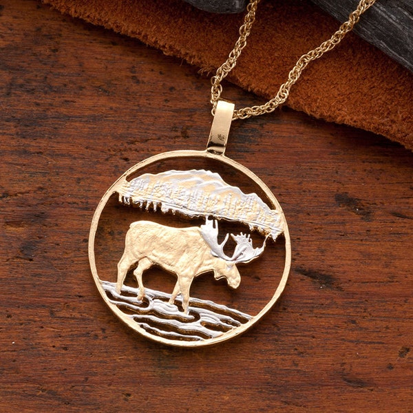Moose Pendant & Necklace, Canada One Dollar Coin Hand Cut, 14 Karat Gold and Rhodium Plated, 1" in Diameter, ( # 419 )
