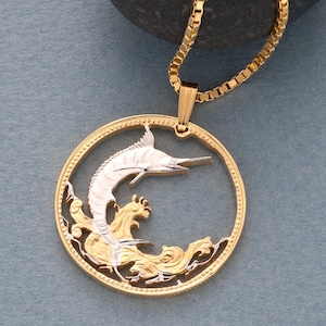 Blue Marlin Pendant, Bahamas Island Coin, Hand Cut Coin, 1" in diameter ( #X  20 )