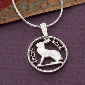 Sterling Silver Irish Rabbit Pendant, Hand Cut Ireland Three Pence Rabbit Coin, Irish Rabbit Coin Jewelry, 5/8&quot; in Diameter, ( #K 165S )