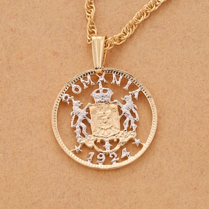 Romanian Royal Crest Coin Pendant and Necklace, Romanian I Leu Coin Hand Cut, 14 Karat Gold and Rhodium plated, 3/4" in Diameter (# R 814 )