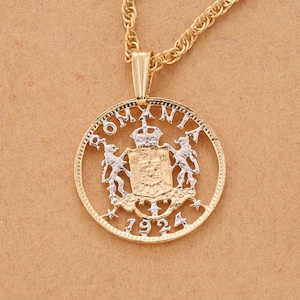 Hand Cut Romanian Coin Pendant: 1924 Royal Crest, 14K Gold Plated