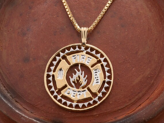 Fireman s Maltese Cross Pendant and Necklace Hand Cut Fireman s Medallion 14 K Gold and Rhodium Plated 1 1 8 in Diameter X 851