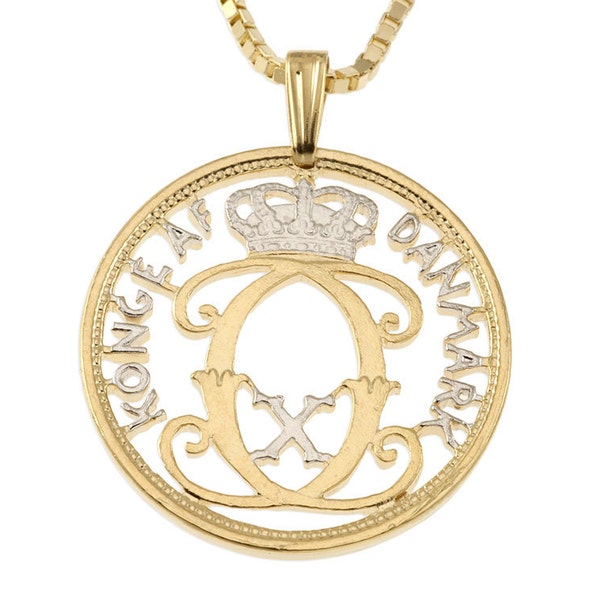 Denmark Pendant and Necklace Jewelry, Denmark Five Ore coin Hand cut, 14 Karat Gold and Rhodium Plated, 1" in Diameter, ( #X 81 )