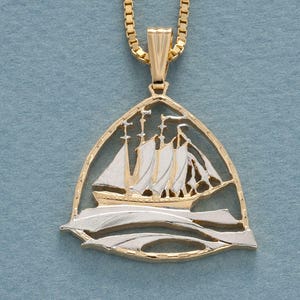 Clipper Ship Pendant, Hand Cut Bermuda Three Dollar Nautical Coin, 14 Karat Gold and Rhodium Plating, 1 1/8&quot; in Diameter ( #X 936B )