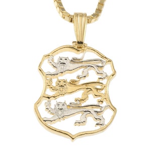 Estonian Jewelry Pendant and Necklace, Estonian Two Krooni Coin Hand Cut, 14 Karat Gold and Rhodium plated, 7/8" In Diameter, ( # X 98B )