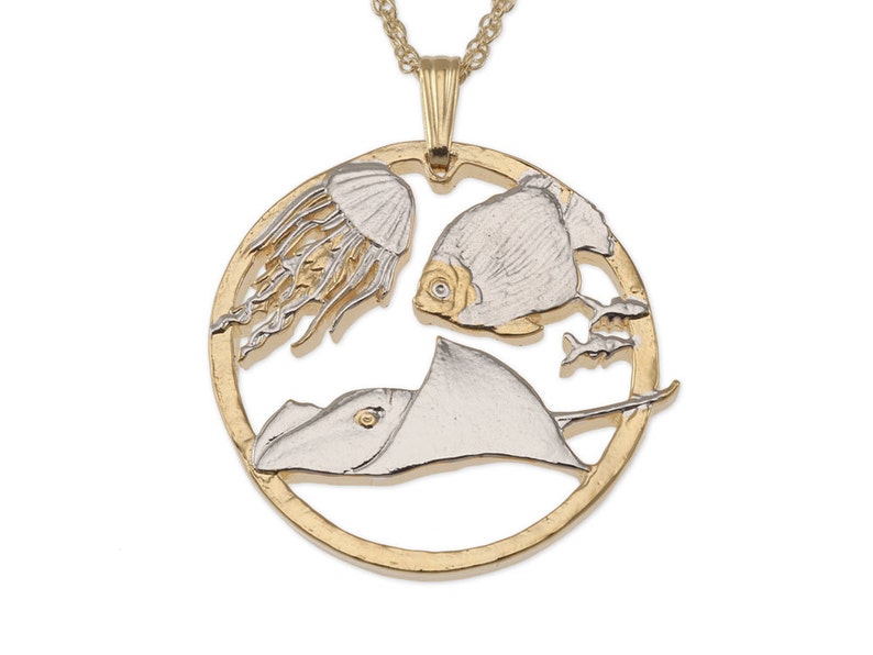 Sting Ray and Jellyfish Pendant, Gibraltar Sea Life Coin Hand Cut, 1 1/8 in Diameter, R 642 image 2