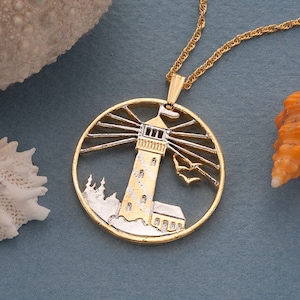 Lighthouse Pendant and Necklace Jewelry, Lighthouse medallion Hand Cut, 14 Karat Gold and Rhodium Plated, 1 1/8 &quot; in Diameter, ( # R 759 )