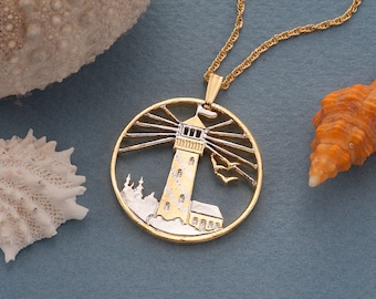 Hand Cut Lighthouse Pendant Necklace: 14K Gold & Rhodium Plated