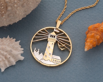 Lighthouse Pendant and Necklace Jewelry, Lighthouse medallion Hand Cut, 14 Karat Gold and Rhodium Plated, 1 1/8 " in Diameter, ( # R 759 )