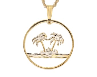 Oman Coin Palm Tree Pendant: Hand Cut, 14K Gold Plated